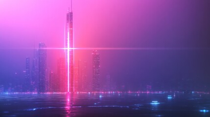 Fototapeta premium Futuristic city skyline, neon beam, night, reflection, cyberpunk aesthetic, website banner