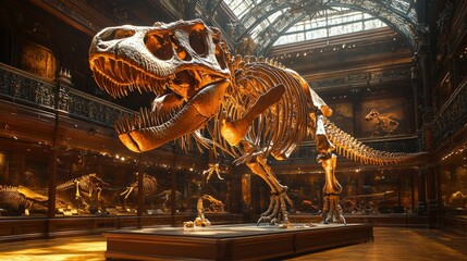 A large dinosaur skeleton on display in a museum, showcasing paleontological research and education.
