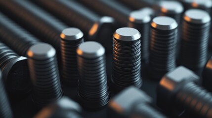 Industrial Metal Bolts, Nuts, Closeup, Factory, Background