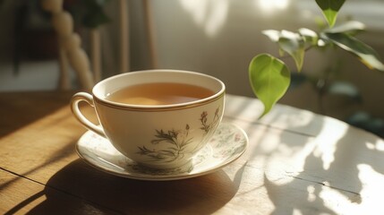 Fototapeta premium Sunny morning teacup on wooden table, plants in background, home relaxation