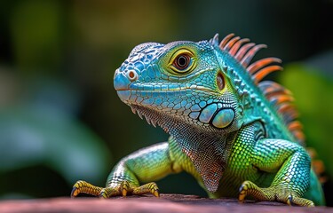 Naklejka premium Vibrant green iguana portrait, jungle backdrop, exotic pet, wildlife photography