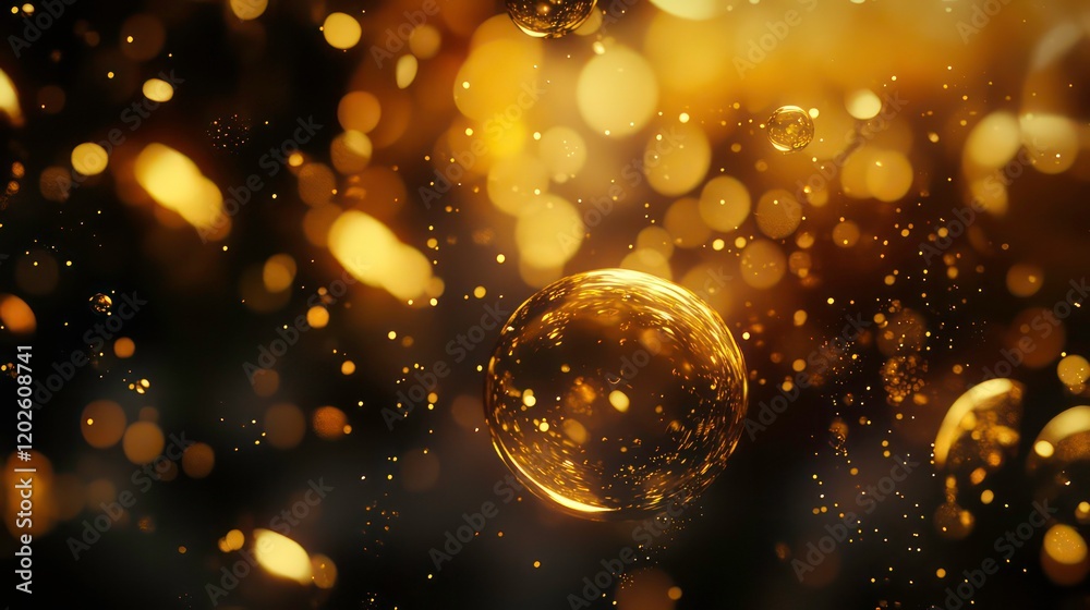 Poster Golden bubbles and bokeh lights float in dark background.