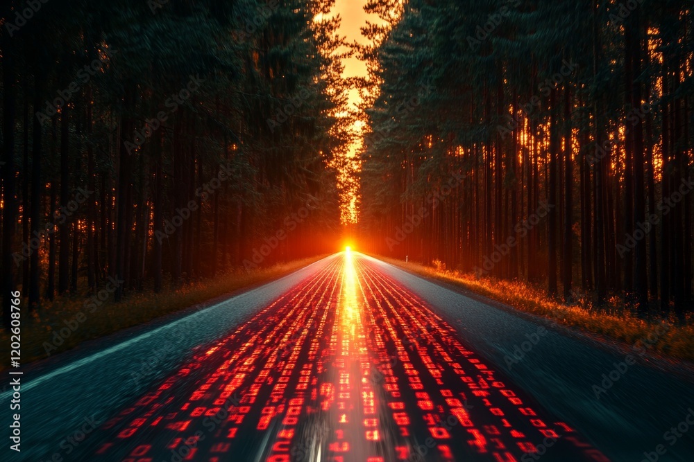 Poster highway surrounded by forest and sunset with glowing binary code symbolizing digital technology