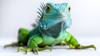 Naklejka premium Green blue iguana portrait, studio, white background, reptile pet