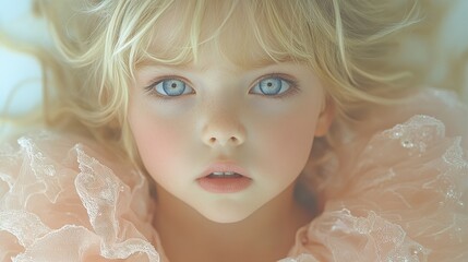 A young blonde girl with blue eyes is wearing a pink dress. She has a pink scarf around her neck