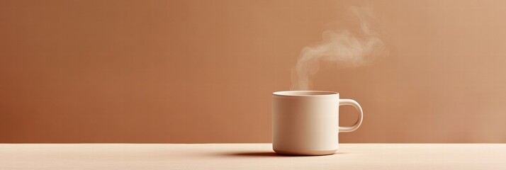 Warm coffee mug on wooden table with steam rising in minimalistic setting at morning. Generative AI