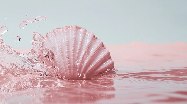 Pink seashell on a soft pastel water background