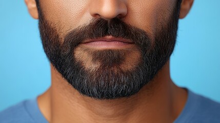 Fototapeta premium A man with a beard and mustache is shown with a blue background. The man's facial hair is well-groomed, and his mouth is closed. Concept of confidence and self-assurance