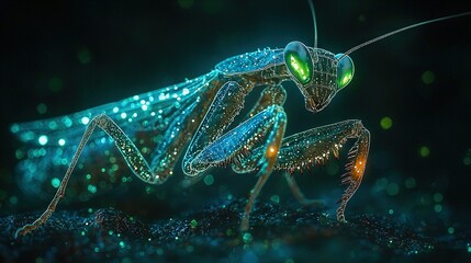  A close-up of a praying mantis on a black background with a green light illuminating it