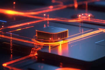 Futuristic processor chip connects on circuit board, glowing network