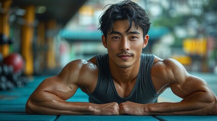 Fototapeta premium Muscular Man Resting After Intense Outdoor Workout in the Rain
