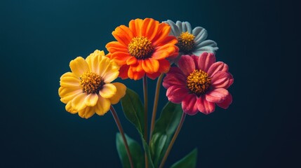 Colorful flower bouquet, studio shot, dark background, greeting card design
