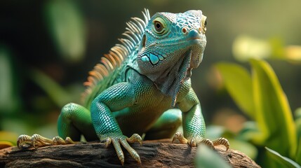 Fototapeta premium Green iguana posing, tropical garden, sunlight, nature documentary