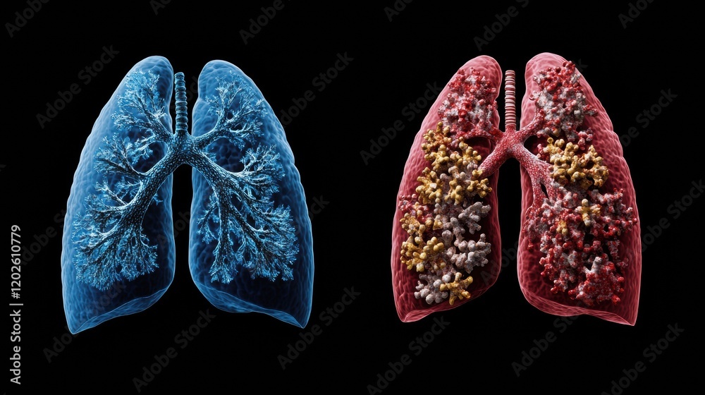 Poster Comparison of healthy and unhealthy lungs showing differences in structure and color, highlighting health impact of smoking. Generative AI