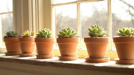   Small succulents line window sill