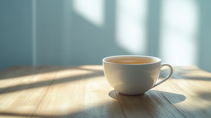 Fototapeta premium Sunlit teacup on wooden table, window background, calm morning