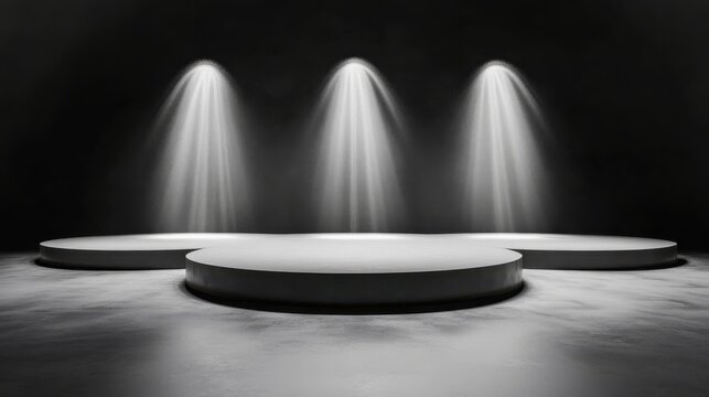 A striking circular stage illuminated by focused lights, creating an engaging atmosphere suitable for performances, events, or presentations.