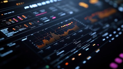 Naklejka premium Data analysis screen, market trends, glowing charts, nighttime office, financial report