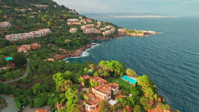Aerial view of the village of Antheor on the French Riviera at sunset