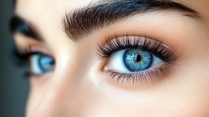 Fototapeta premium A woman with long, dark eyelashes and bright blue eyes. Her eyes are open and her lashes are long and curled. She has a beautiful, natural look that is both striking and elegant
