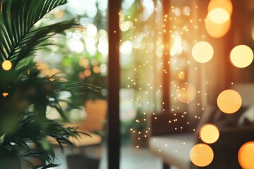 A cozy modern indoor space with dreamy bokeh lights and soft natural sunset ambiance