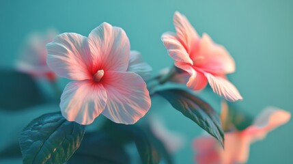 Pink hibiscus flowers bloom, teal background, soft light, nature photography, website design
