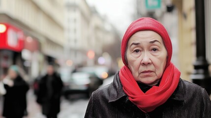 A woman wearing a red scarf and a red hat is standing on a street. She looks sad and lonely