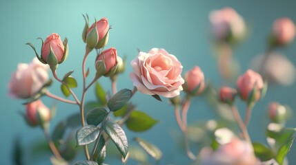 Obraz premium Peach roses blooming, garden background, soft light, floral design