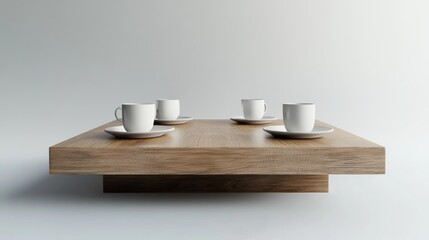 Four coffee cups on wooden table, minimalist studio setting, product display