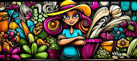 Obraz premium Cartoon girl gardener amidst vibrant flowers and plants in colorful doodle style.