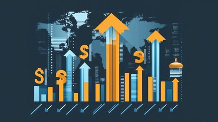Fototapeta premium Global finance growth, upward trend, world map background, data visualization, business report