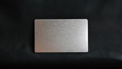 Sleek blank metal card mockup resting on a premium black leather backdrop.