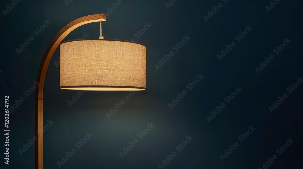 Poster modern arc floor lamp with fabric shade, casting soft light against a dark background.