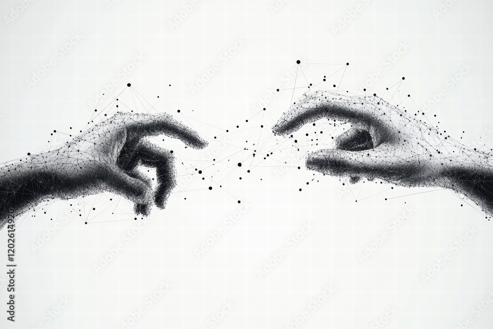 Poster Silhouettes of hands creating connections with lines and dots in a digital representation of interaction and communication. Generative AI