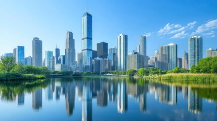 Obraz premium Stunning cityscape reflected in calm lake water, skyscrapers and lush greenery under a vibrant blue sky.