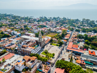 Aerial view of the historic center of Ajijic next to Lake Chapala. Jalisco, Mexico