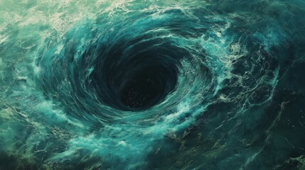 Ocean whirlpool, dark center, turbulent waters, dramatic scene, nature background