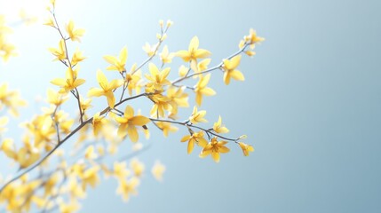Sunny spring yellow flowers branch, outdoor, soft background, website banner