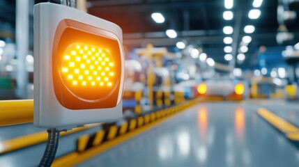 A bright orange indicator light is illuminated in a modern industrial setting, signaling activity amidst machinery and equipment in a factory.