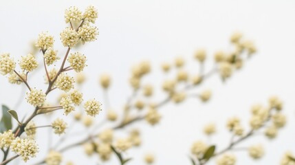 Creamy blossoms, spring branch, white background, blurred, website header