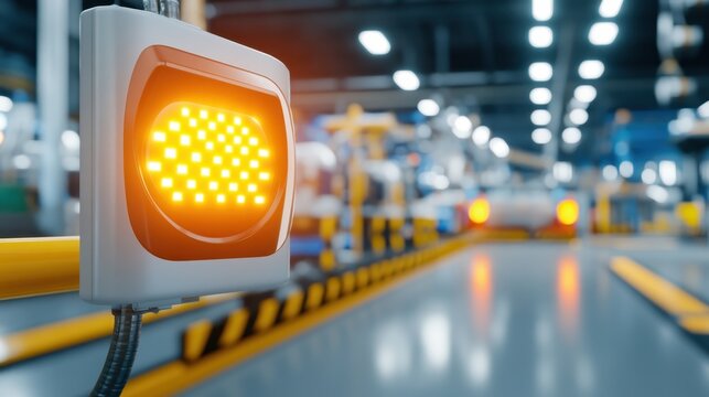 A bright orange indicator light is illuminated in a modern industrial setting, signaling activity amidst machinery and equipment in a factory.