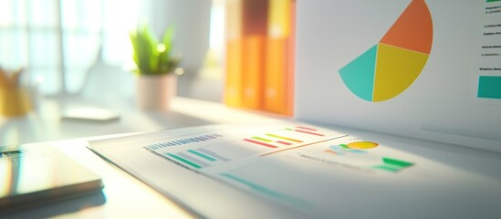 Fototapeta premium Sunlit office desk, charts, data analysis, plant, window