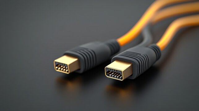 Orange Firewire cables on dark surface, close-up, technology connection