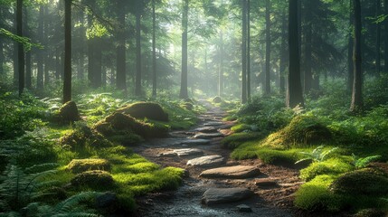 Obraz premium Misty Forest Path Sunrise, Nature Walk, Stone Steps