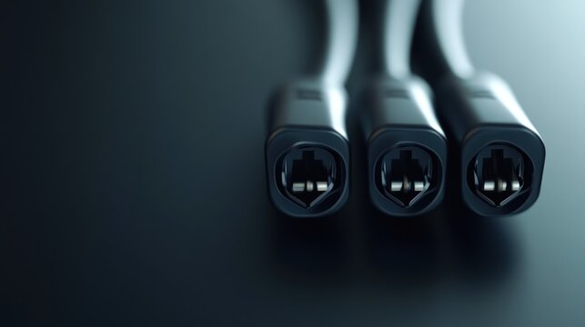 Triple fiber optic cables connect, dark background, data transfer, technology