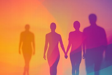 Silhouettes of people holding hands in abstract shapes with vibrant colors during sunset. Generative AI