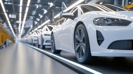 A sleek row of white cars in a modern factory setting, showcasing an advanced automotive production line.