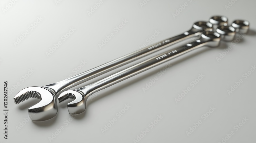 Wall mural Chrome wrenches on white background, repair tools, studio shot, industrial setting