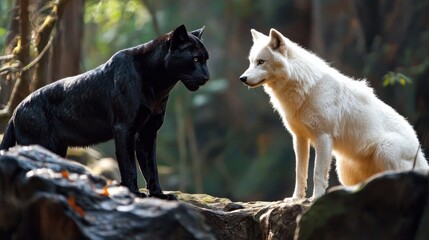 Fototapeta premium A striking depiction of a black panther and a white wolf facing each other in a mysterious forest, presenting the beauty of contrasting colors in nature.