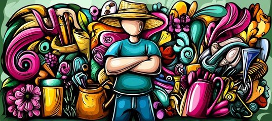 Obraz premium Gardener amidst vibrant garden tools and flowers.